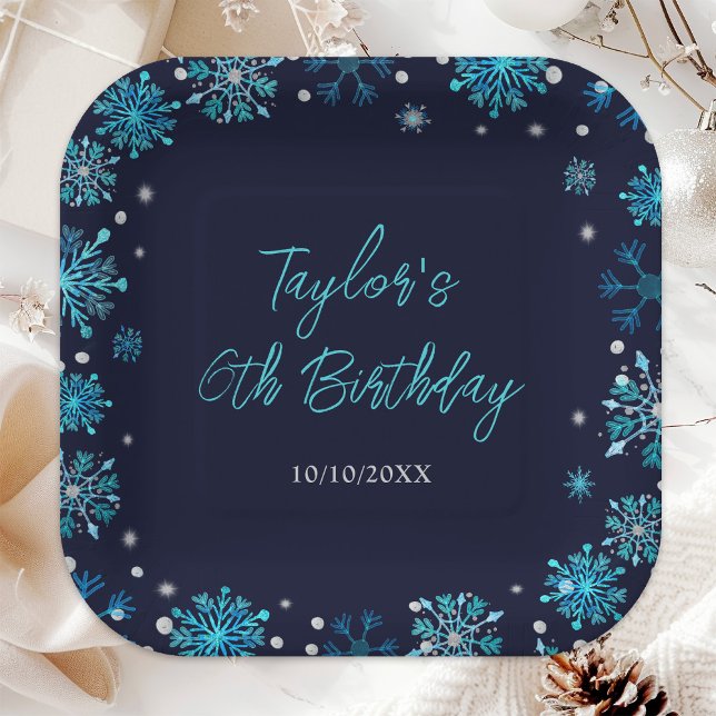 Blue and Silver Snowflakes Birthday Party Paper Plates (Creator Uploaded)