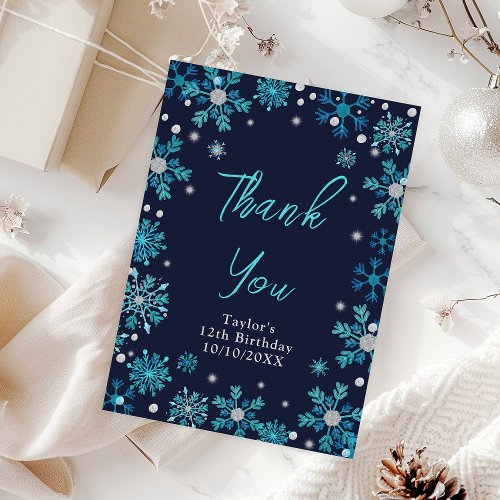 Blue and Silver Snowflakes Birthday Party Thank You Card