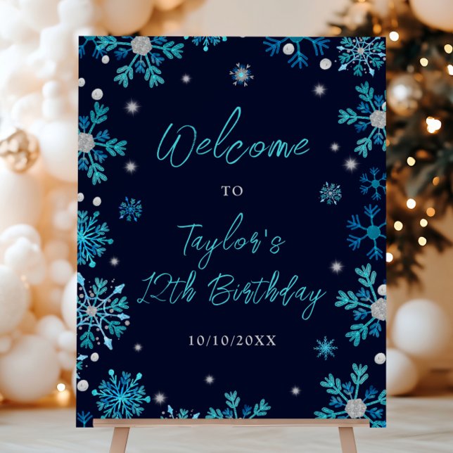 Blue and Silver Snowflakes Birthday Party Welcome Foam Board (Creator Uploaded)