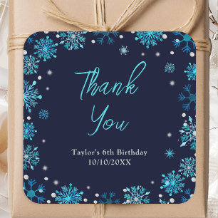 Blue and Silver Snowflakes Birthday Thank You Square Sticker