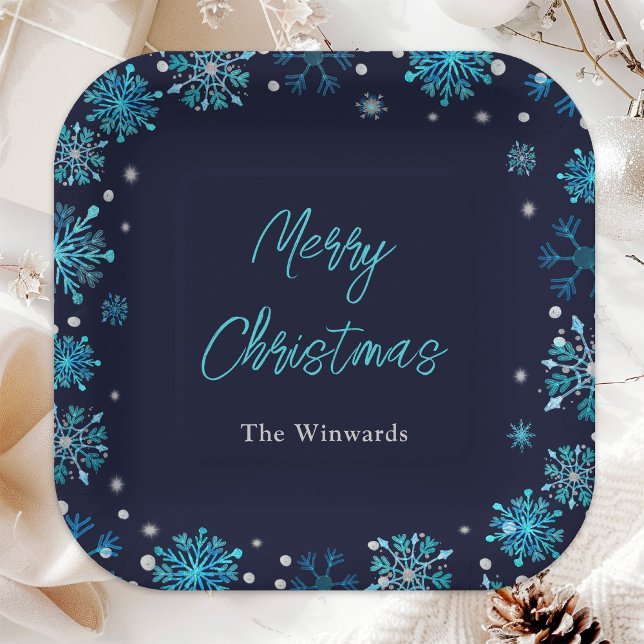 Blue and Silver Snowflakes Christmas Party Paper Plates (Creator Uploaded)