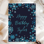 Blue and Silver Snowflakes Happy Birthday Card<br><div class="desc">This elegant and glamorous watercolor birthday card can be personalized with a name or title, such as mom, daughter, granddaughter, niece, friend etc. It features watercolor turquoise blue and silver faux glitter snowflakes and sparkles on a navy blue background. The text combines handwritten script and modern sans serif fonts for...</div>