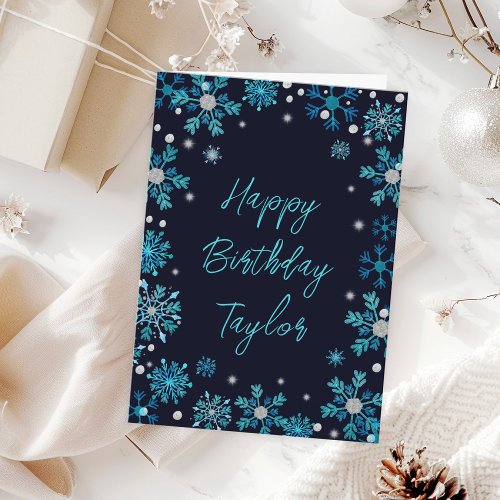 Blue and Silver Snowflakes Happy Birthday Card