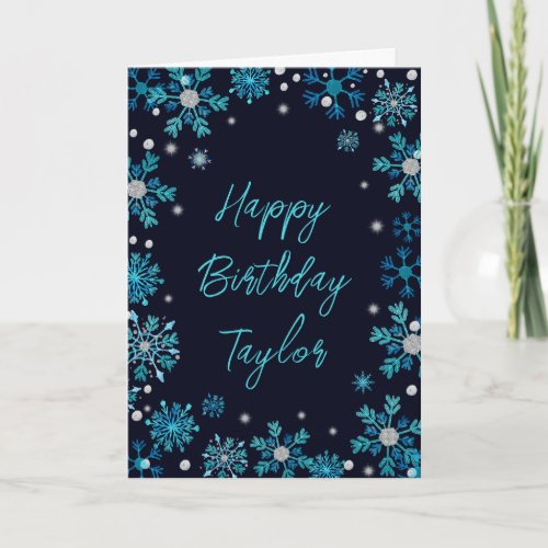 Blue and Silver Snowflakes Happy Birthday Card