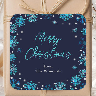 Blue and Silver Snowflakes Merry Christmas Square Sticker