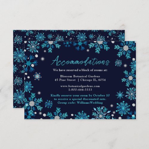 Blue and Silver Snowflakes Wedding Accommodations Enclosure Card