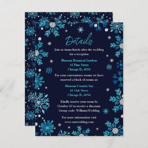 Blue and Silver Snowflakes Wedding Details Enclosure Card