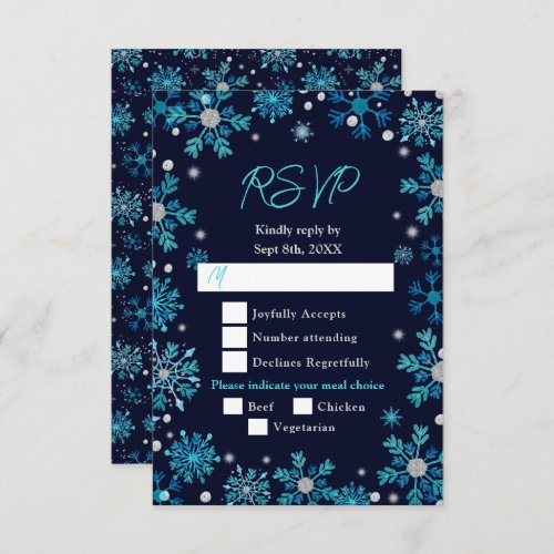 Blue and Silver Snowflakes Wedding Meal Choice RSVP Card