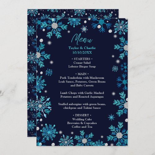 Blue and Silver Snowflakes Wedding Menu