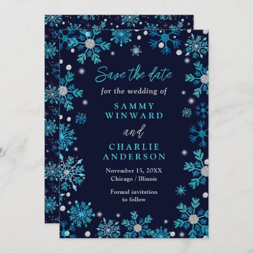 Blue and Silver Snowflakes Wedding Save The Date