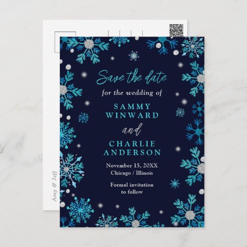 Blue and Silver Snowflakes Wedding Save The Date Postcard