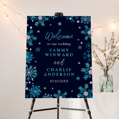 Blue and Silver Snowflakes Wedding Welcome Sign