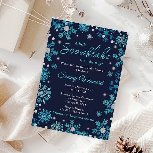 Blue and Silver Snowflakes Winter Baby Shower Invitation