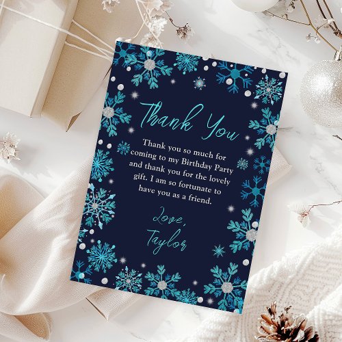 Blue and Silver Snowflakes Winter Birthday Party Thank You Card