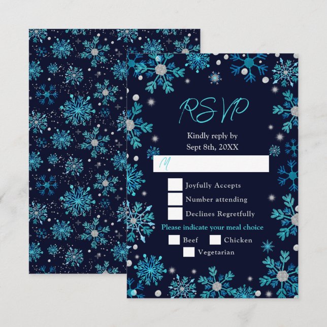 Blue and Silver Snowflakes Winter Meal Choice RSVP Card (Front/Back)