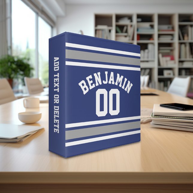 Blue and Silver Sports Jersey Custom Name Number 3 Ring Binder (Personalized 3-ring binder - sports theme with area for name and custom text)