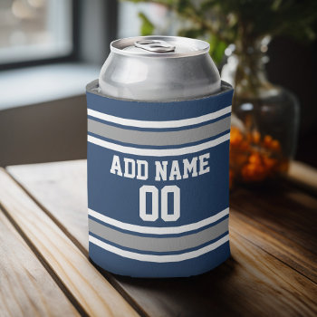 Blue And Silver Sports Jersey Custom Name Number Can Cooler by MyRazzleDazzle at Zazzle