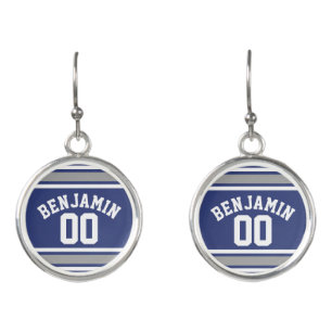Blue and Silver Sports Jersey Custom Name Number Earrings