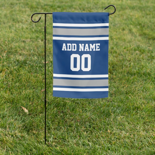 Blue and Silver Sports Jersey Custom Name Number Garden Flag (In SItu)
