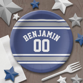 Blue And Silver Sports Jersey Custom Name Number Paper Plates by MyRazzleDazzle at Zazzle