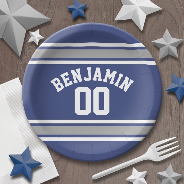 Blue and Silver Sports Jersey Custom Name Number Paper Plates (Personalized party plates - sports theme for birthday or any occasion)