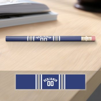 Blue And Silver Sports Jersey Custom Name Number Pencil by MyRazzleDazzle at Zazzle