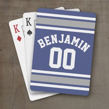 Blue And Silver Sports Jersey Custom Name Number Playing Cards by MyRazzleDazzle at Zazzle