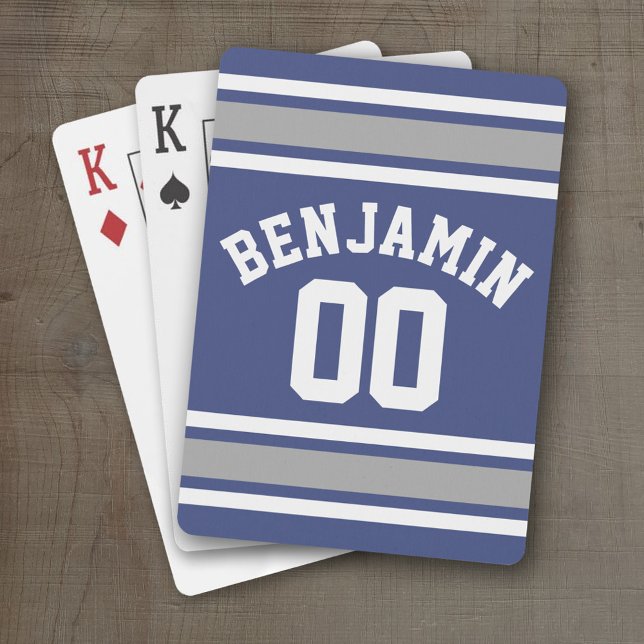Blue and Silver Sports Jersey Custom Name Number Poker Cards (Personalized Playing Cards - Sports Jersey Design)