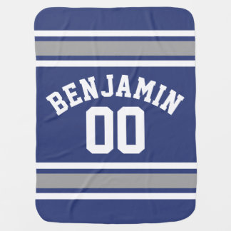 Blue and Silver Sports Jersey Custom Name Number Receiving Blanket