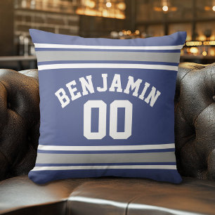 Blue and Silver Sports Jersey Custom Name Number Throw Pillow