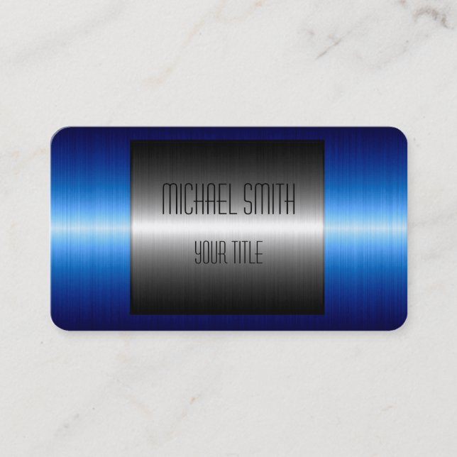 Blue and Silver Stainless Steel Metal Business Card (Front)