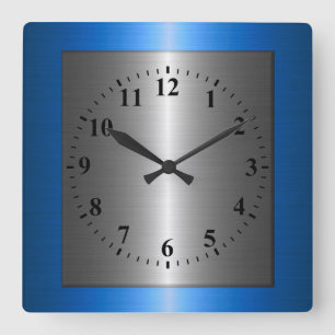 Blue and Silver Stainless Steel Metal Square Wall Clock