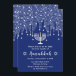 Blue and Silver String Lights Hanukkah Party Invitation<br><div class="desc">This elegant and sophisticated Hanukkah invitation features beautiful silver string fairy lights with diamond sparkles,  a menorah candle and the Star of David. The text combines handwritten script and serif fonts for a stylish and modern look. This is perfect for a Hanukkah party.</div>