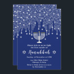 Blue and Silver String Lights Hanukkah Party Invitation<br><div class="desc">This elegant and sophisticated Hanukkah invitation features beautiful silver string fairy lights with diamond sparkles,  a menorah candle and the Star of David. The text combines handwritten script and serif fonts for a stylish and modern look. This is perfect for a Hanukkah party.</div>