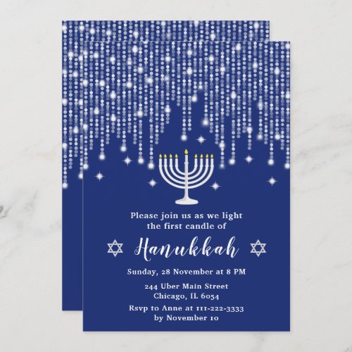 Blue and Silver String Lights Hanukkah Party Invitation