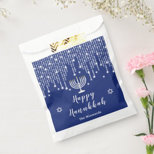 Blue and Silver String Lights Happy Hanukkah Favor Bag