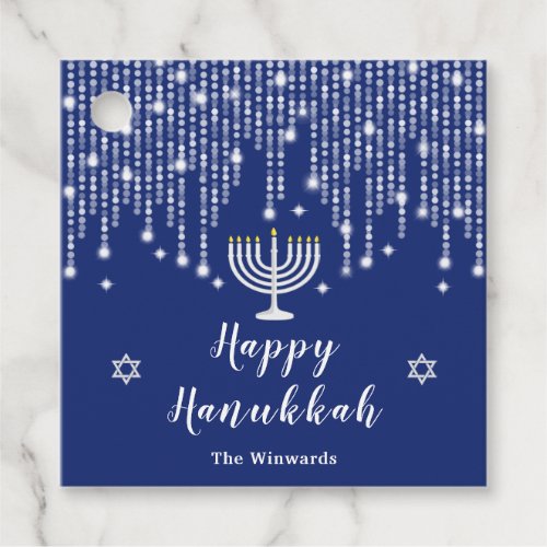 Blue and Silver String Lights Happy Hanukkah Favor Tags