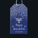 Blue and Silver String Lights Happy Hanukkah Gift Tags<br><div class="desc">This elegant and sophisticated Hanukkah gift tag features beautiful silver string fairy lights with diamond sparkles,  a menorah candle and the Star of David. The text combines handwritten script and serif fonts for a stylish and modern look. This is perfect for a Hanukkah party.</div>