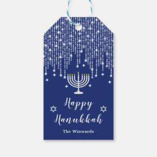 Blue and Silver String Lights Happy Hanukkah Gift Tags
