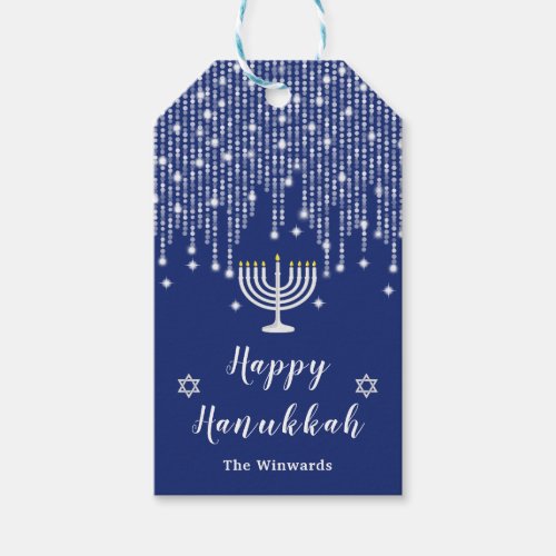 Blue and Silver String Lights Happy Hanukkah Gift Tags