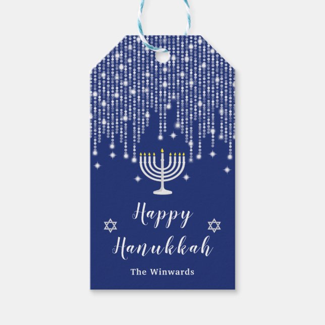 Blue and Silver String Lights Happy Hanukkah Gift Tags (Front)