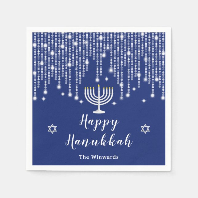 Blue and Silver String Lights Happy Hanukkah Napkins (Front)