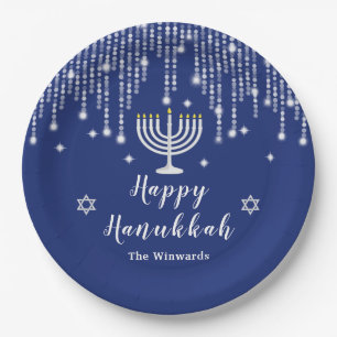 Blue and Silver String Lights Happy Hanukkah Paper Plates