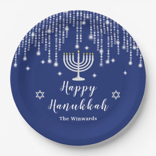 Blue and Silver String Lights Happy Hanukkah Paper Plates