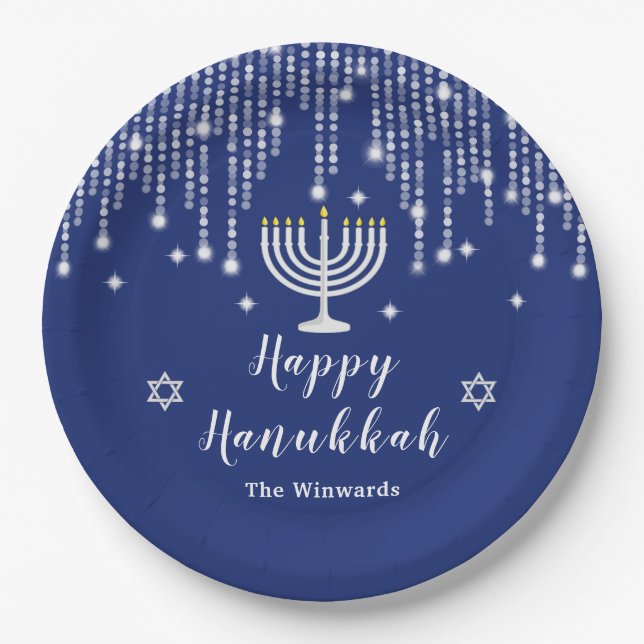 Blue and Silver String Lights Happy Hanukkah Paper Plates (Front)