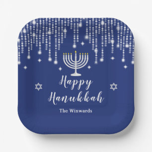Blue and Silver String Lights Happy Hanukkah Paper Plates