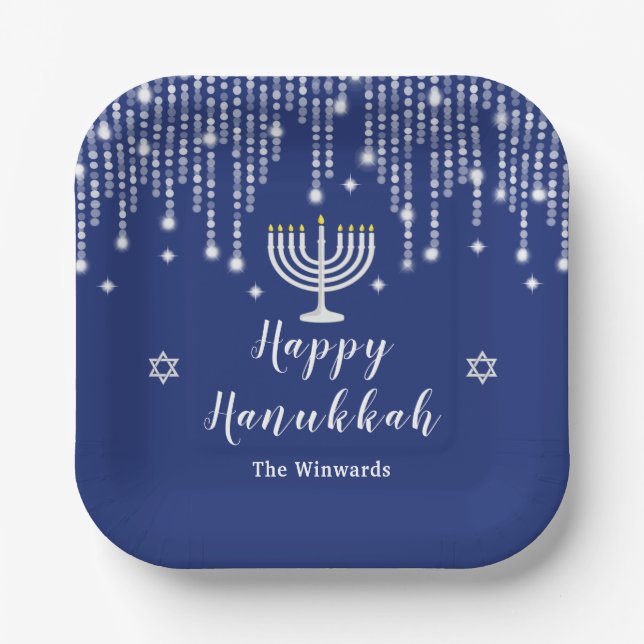 Blue and Silver String Lights Happy Hanukkah Paper Plates (Front)