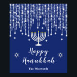 Blue and Silver String Lights Happy Hanukkah Poster<br><div class="desc">This elegant and sophisticated Hanukkah welcome sign features beautiful silver string fairy lights with diamond sparkles,  a menorah candle and the Star of David. The text combines handwritten script and serif fonts for a stylish and modern look. This is perfect for a Hanukkah party.</div>