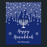 Blue and Silver String Lights Happy Hanukkah Poster<br><div class="desc">This elegant and sophisticated Hanukkah welcome sign features beautiful silver string fairy lights with diamond sparkles,  a menorah candle and the Star of David. The text combines handwritten script and serif fonts for a stylish and modern look. This is perfect for a Hanukkah party.</div>