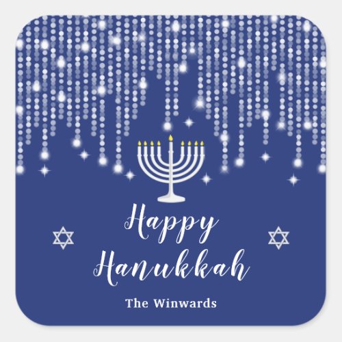 Blue and Silver String Lights Happy Hanukkah Square Sticker